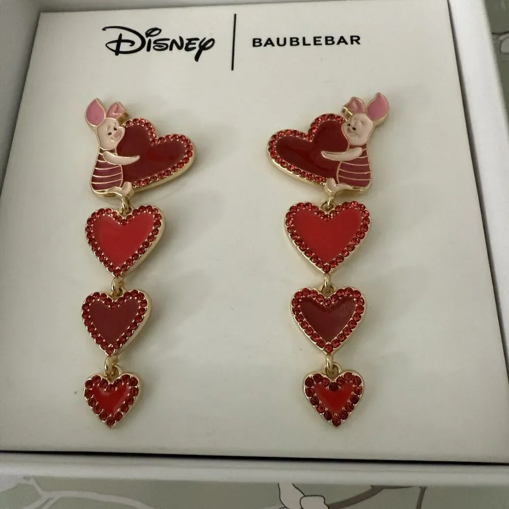 Disney Baublebar Piglet Valentine's Day Red Heart Dangle Earrings w/Crystals NIB